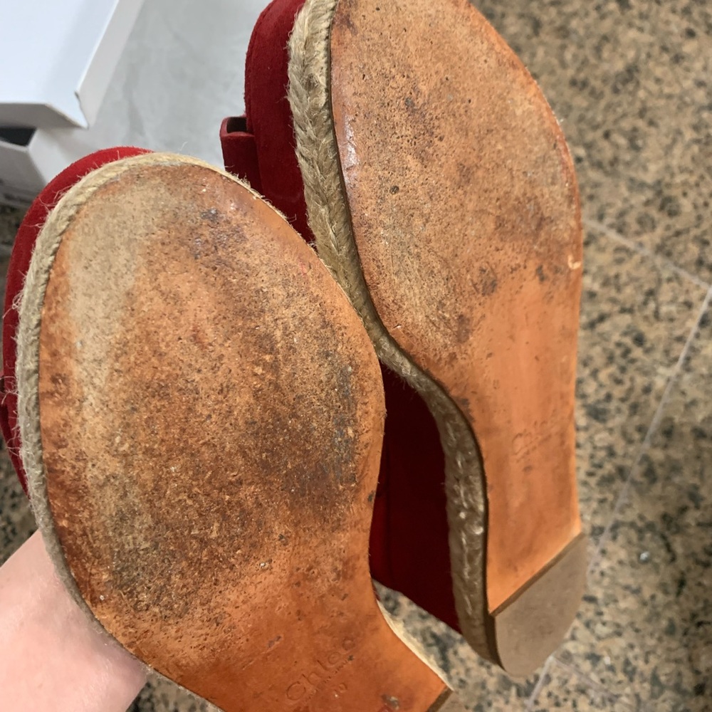 Red Suede Scallop Espadrille Sandals - Women - Picture 9 of 14